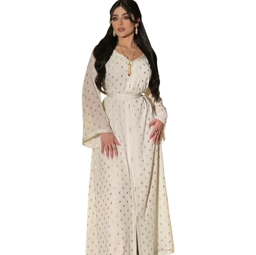 Venta caliente de oro de punto con cinturón cerrado Abaya Kaftan vestido árabe Dubai ropa islámica Jalabiya mujer musulmana vestido de 2 piezas