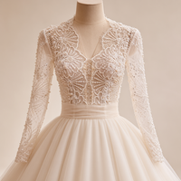 Robe de mariée de luxe moderne, style princesse, longue jusqu'au sol, col en V, manches longues, avec appliques en dentelle, traîne chapelle, en tulle scintillant