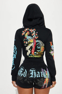 Ensemble 2 pièces imprimé floral Phoenix pour femmes, sweat à capuche court zippé et short à cordon de serrage, ensemble décontracté à manches longues Y2K, assorti pour l'été - Product Image 6
