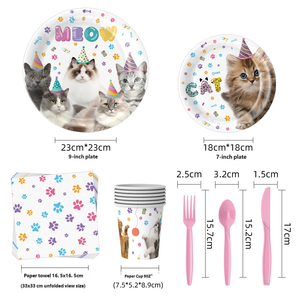 Ensemble <span class=keywords><strong>de</strong></span> vaisselle moderne pour fête d'anniversaire sur le thème du chat, <span class=keywords><strong>assiettes</strong></span> et serviettes <span class=keywords><strong>jetables</strong></span> écologiques avec accessoires sur le thème du chat - Product Image 2