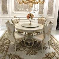 Ensemble table et chaises rondes en marbre et bois massif de style français, idéal pour villas de luxe, halls d'hôtels et espaces de clubs.