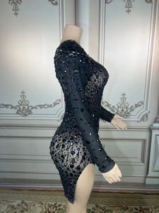AD1475 Kimshein abbigliamento donna manica lunga trasparente nero strass Split Mini vestito aderente Vestidos De Fiesta Mujer