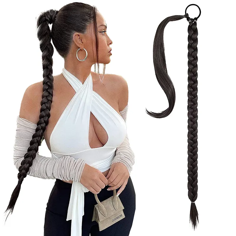 Long Brown Black Wrap Around Hairpiece Ponytail Synthetic Hair Extensions Heat Resistant Jumbo Pre Braided Ponytail
