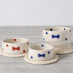 Mangkuk Keramik BESTCERA untuk Anjing & Kucing, Desain Tulang dengan Pola Polka Dot & Garis, Tempat Makan Hewan Peliharaan dari Keramik - Product Image 1