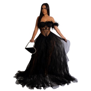Women's Off Shoulder Party Club Wear Birthday Maxi Dress Elegant Sheer Mesh Feather Patchwork Fit <strong>Flare</strong> See Through Split Dress - Product Image 2