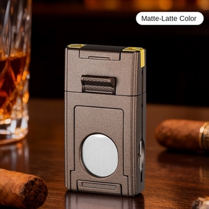 Briquet à double flamme pour cigares, coupe-vent, au butane, avec aiguille et coupe-cigare, outil multifonctionnel pour fumeurs, portable - Product Image 1