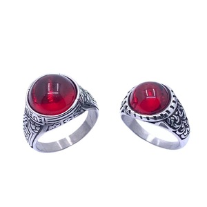 European American Style Titanium Steel Red Gemstone <b>Ring</b> Men Personalized Hip Hop Fashion Stainless Steel Semicircle Bezel - Product Image 5