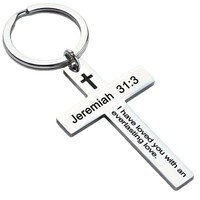 Grosir kustom hadiah gantungan kunci religius Yesus Kristen salib ayat Injil baja nirkarat gantungan kunci logam untuk Gereja