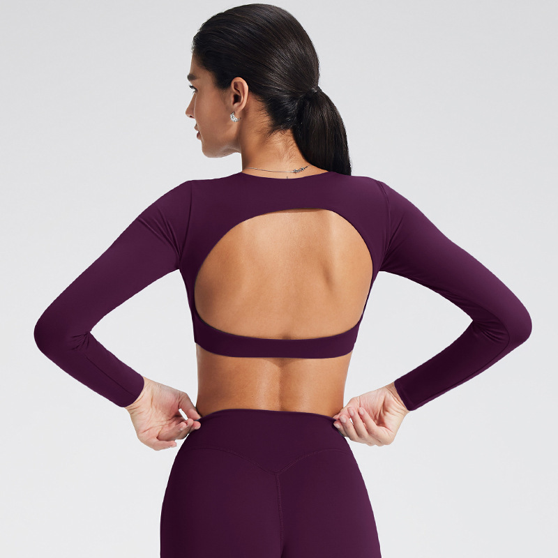 Women Ribbed Hollow Back Crop Top Long Sleeve Breathable Stretch Yoga Fitness Training Activewear