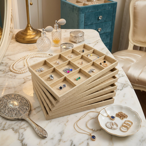 Bandejas Portátiles Rectangulares de Gran Capacidad con Inserto de Terciopelo y Madera Rústica para Exhibición de Joyas (Anillos, Collares, Pulseras) para Joyerías - Product Image 3