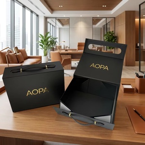 High-end Rigid Magnetic Folding Paper <b>Box</b> with PU Handle <b>Black</b> <b>Gift</b> Case Gold Stamping Logo for Wallet Candle Packaging - Product Image 1