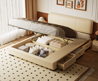Lit en cuir véritable de luxe nordique avec tête de lit réglable et fine, tiroir et coffre de rangement, lit double pour petite chambre