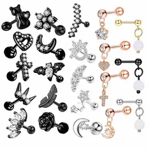 Grosir anting-anting tragus cartialge hitam baja tahan karat penjualan laris tindik tubuh helix barbell conch daith anting-anting stud campuran