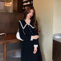 Robe longue rétro française pour femmes, style printemps, dentelle noire, grande taille, manches longues, pour un usage décontracté