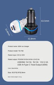 ที่ชาร์จโทรศัพท์ในรถยนต์แบบพกพาคุณภาพสูง ช่องเสียบ USB คู่ รองรับ PD 30W QC30W ชาร์จเร็ว 60w สำหรับชาร์จโทรศัพท์ - Product Image 6