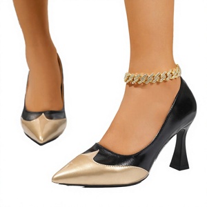 Summer Korean Style Two-tone Black Gold Pointed Toe 8.5cm <b>Block</b> Heel PU Upper Lightweight Women's Pumps for Office Party - Product Image 4