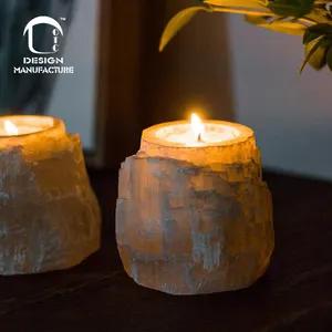 Fabriek Gift Handgemaakte Natuurlijke Gesneden Witte Selenite Licht Kaars Houder Voor Home Decor