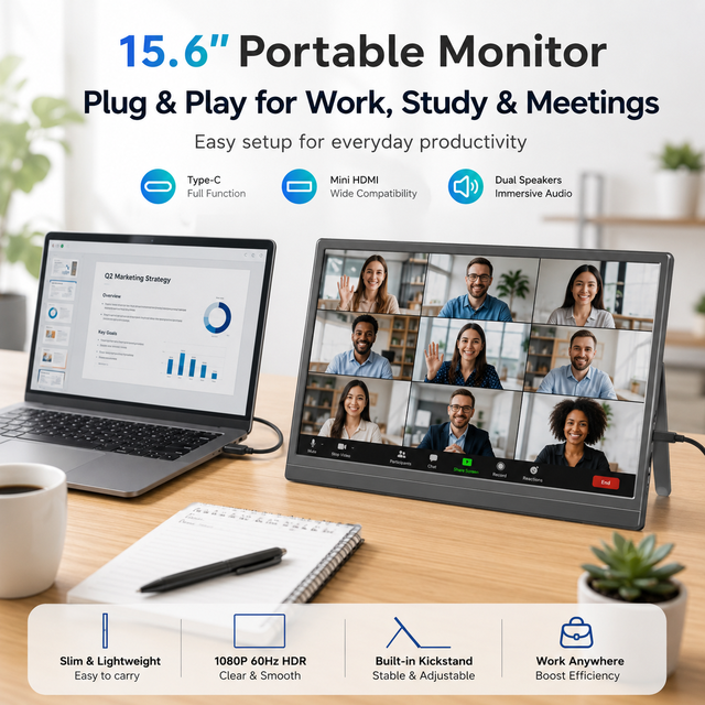15.6 Inch USB-C Portable Monitor FHD IPS 60Hz VESA Mount Dual Speakers for Office Gaming Travel