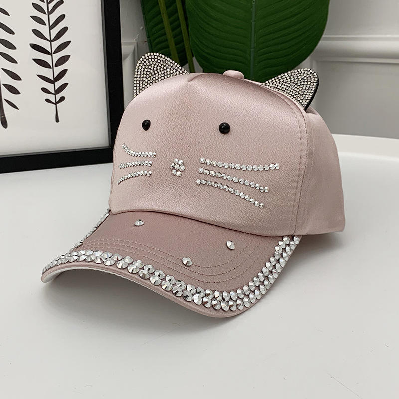 Solid Diamond Baseball Cap Cat Shape Hats With Two Ears Rhinestone
