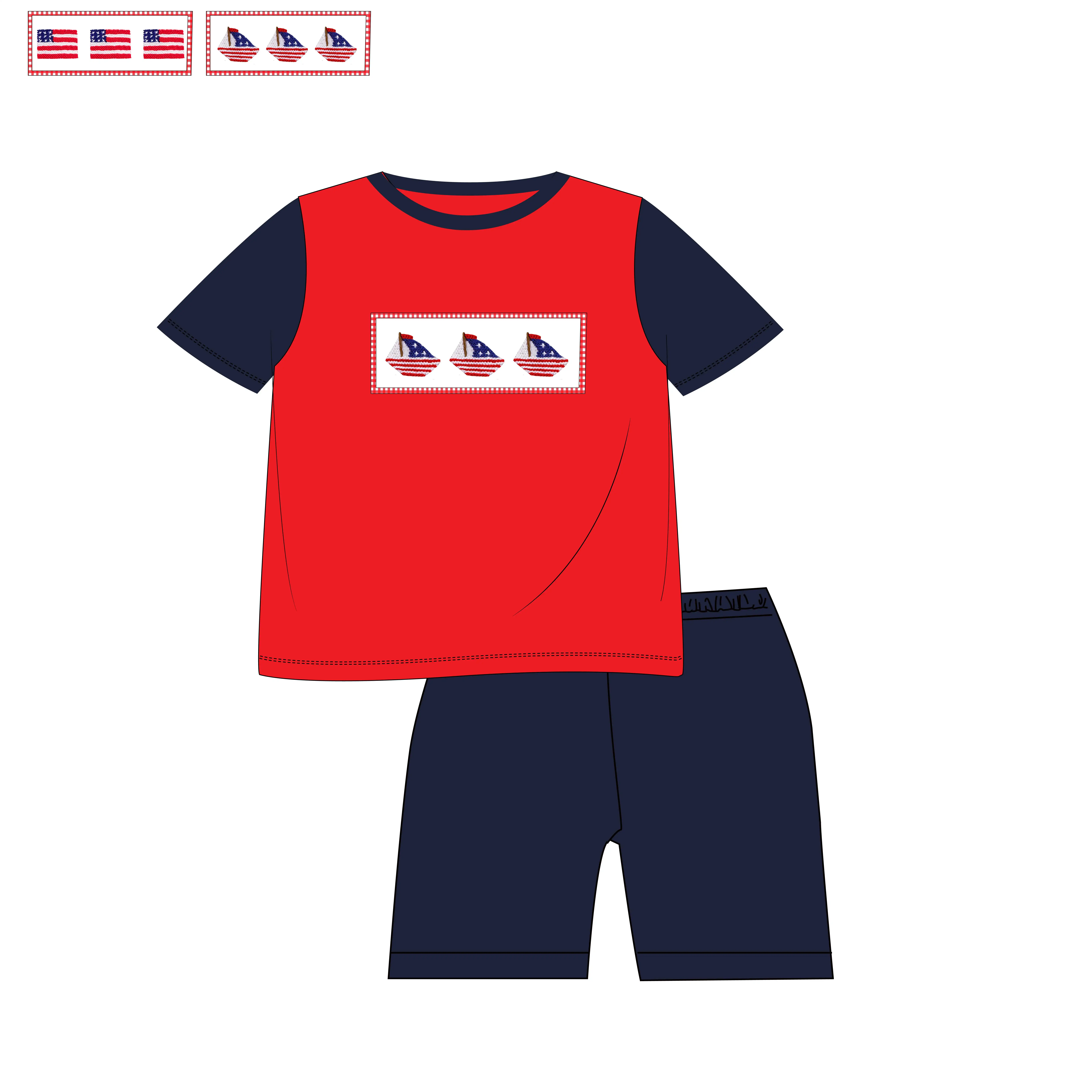 Pre order Boutique Clothes Sets for Boys 2 pcs Outfits Print Red Short Sleeve Clothing Stripe Shorts Summer Sets
