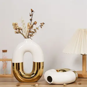 Luxury Gold Electroplated Ceramic Oval Vase Home Crafts Decoration Flower Vase