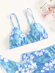 2024 Wholesale Girls Swimsuit Swim Suit Kids 3 Pieces Bathing Flower Print Tops Tankini Bikini Set Girls Swimwear