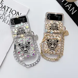 Fabbricazione custodia con diamanti a testa di leopardo per samsung z flip 3 4 con cinturino glitter bling custodia da donna di lusso antiurto lucida