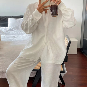 Bộ Đồ Hai món cho nữ áo thường ngày màu trơn quần ống rộng dáng rộng mùa xuân mùa thu bền may áo sơ mi dễ dàng - Product Image 1