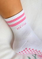 Chaussettes de Pilates antidérapantes rose rayées brodées personnalisées Summer Palm Tree Moka Pot