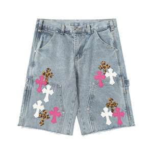 Shorts Cargo de Mezclilla Lavada con Adornos de Cruz, Estilo Americano Vintage, Marca Chrome Hearts - Product Image 4