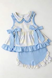 GSSO3440 Conjunto de Ropa para Niña Pequeña, Diseño Personalizado, Azul Sólido con Estampado a Cuadros Verde, Venta al Por Mayor, Manga Corta - Product Image 3