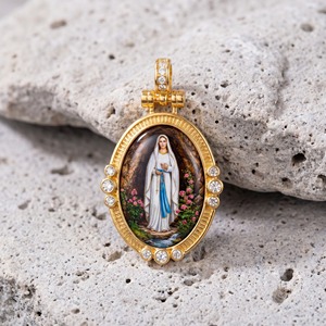 Pendentif ovale émaillé peint à la main Notre-Dame de Lourdes, cadeau de guérison pour pèlerins, vente en gros <span class=keywords><strong>France</strong></span> et mondial - Product Image 1