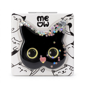 Miroir de poche compact chat noir mignon, tête de chat 3D, effet sable mouvant, étoiles flottantes liquides, paillettes, miroir de maquillage carré double verre - Product Image 2