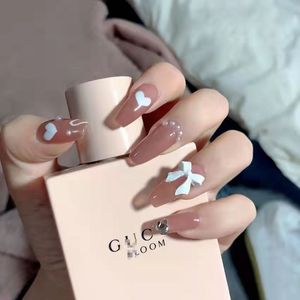 Venta al por mayor <span class=keywords><strong>de</strong></span> 24 <span class=keywords><strong>uñas</strong></span> postizas medianas tipo ataúd, color nude, rosa, blanco, <span class=keywords><strong>con</strong></span> lazo y diamantes <span class=keywords><strong>de</strong></span> imitación, reutilizables, <span class=keywords><strong>de</strong></span> ABS, estilo Ins para mujer - Product Image 5