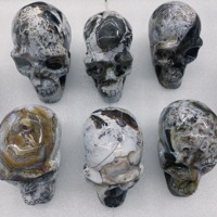 Crânes en Agate Mexicaine Crazy Lace en Gros, Figurines de Tête de Cristal Polies et Rondes pour la Décoration Intérieure