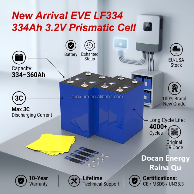 2026 Docan Newest EVE LF334 3.2V 334Ah Prismatic LiFePO4 Battery Cell 4000 Times Deep Cycle for Off Grid System 3C Discharging