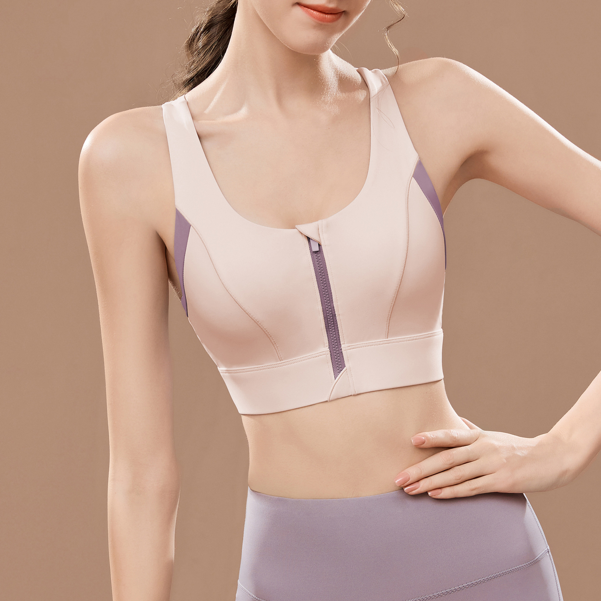 High-Intensity Breathable Cut-out Sports Bra with Front Zipper One-Piece Wearable Fitness Top Anti-Sagging Back Support for Yoga