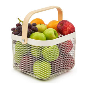 Panier de rangement en maille métallique, multifonctionnel avec poignée en bois, noir, blanc, maille d'acier, panier d'organisation pour la collecte des légumes et des fruits en maille - Product Image 2
