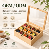 Boîte de rangement pour thé en bambou avec 12 compartiments, petite boîte en bois pour sachets de thé avec fenêtre en acrylique