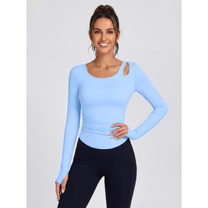 FOXA Top de yoga para mujer, manga larga, cuello redondo, fruncido, con sujetador incorporado, protección solar UPF 50+, ropa de gimnasio y fitness - Product Image 2