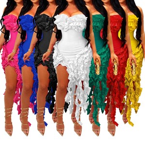 ชุดเดรสผู้หญิงแบบมีระบาย แต่งต่างหูไม้ ดีไซน์เซ็กซี่ ทรงเข้ารูป แฟชั่น - Product Image 1