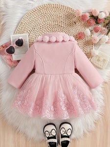 Cappotto in pile <span class=keywords><strong>rosa</strong></span> da <span class=keywords><strong>bambina</strong></span> con stampa floreale autunno/inverno, casual, monopetto, con fiocco, bottoni, risvolto, poncho in pelliccia e pizzo a rete, a maniche lunghe - Product Image 2