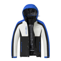 Veste de ski pour homme 2 en 1, veste de neige à blocs de couleur bleu blanc noir, à capuche, doublée matelassée, pour l'hiver, pour le snowboard en plein air