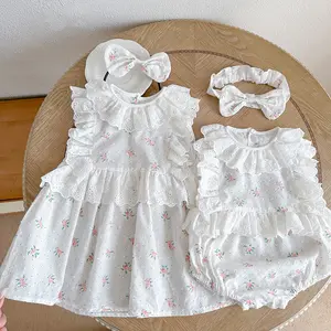 100% Baumwolle New Baby Stram pler Mädchen Spitze Kleid Promi Schwestern Outfit Stram pler Dreieck Overall mit Stirnband