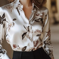 Nouvelle chemise en mousseline de polyester imprimée florale style coréen pour femme, chemisier OL à manches longues, col montant, mode, pour le travail et les trajets quotidiens