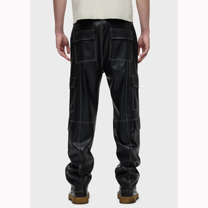 Stacked Style Black Leather Straight Leg Pants with Contrast <strong>White</strong> Stitching Side Patch <strong>Cargo</strong> Pockets Functional Pants Cool Men - Product Image 3