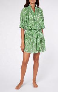 Femme Vert Zig Zag Hem Blouson Dress Cool Style White Small Flower Cotton With Pin Tuck Detail Snug Hips Beautiful Summer Tunic - Product Image 2