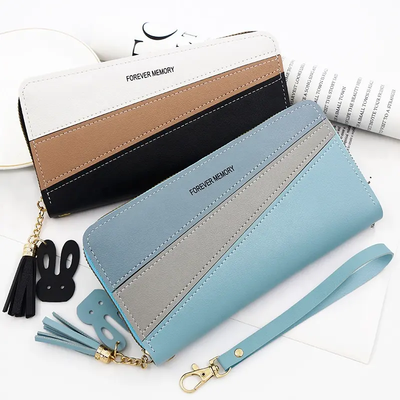 Factory wholesale women contrast color PU leather long wallet luxury ladies purse tassel wristlet wallet