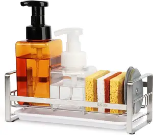 Mutfak lavabo caddy tutucular sünger fırça sabunluk çıkarılabilir tepsi ile paslanmaz çelik mutfak depolama raf