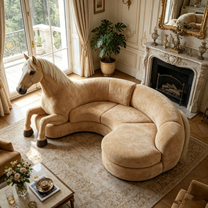 Canapé lounge incurvé en forme de cheval, revêtement en peluche beige, structure en fibre de verre pour villa de luxe - Product Image 1